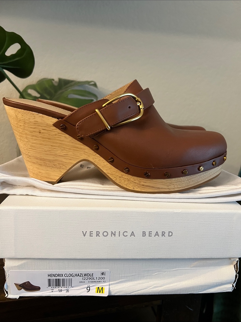 Veronica Beard Brown Leather Hendrix Clog with Gold Buckle